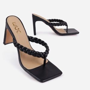 BRAIDED THONG SQUARE TOE THIN BLOCK HEEL MULE